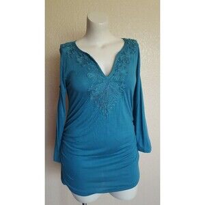 Soft Surroundings Embroidered Ruched Cold Shoulder Long Sleeve Knit Top Blue M